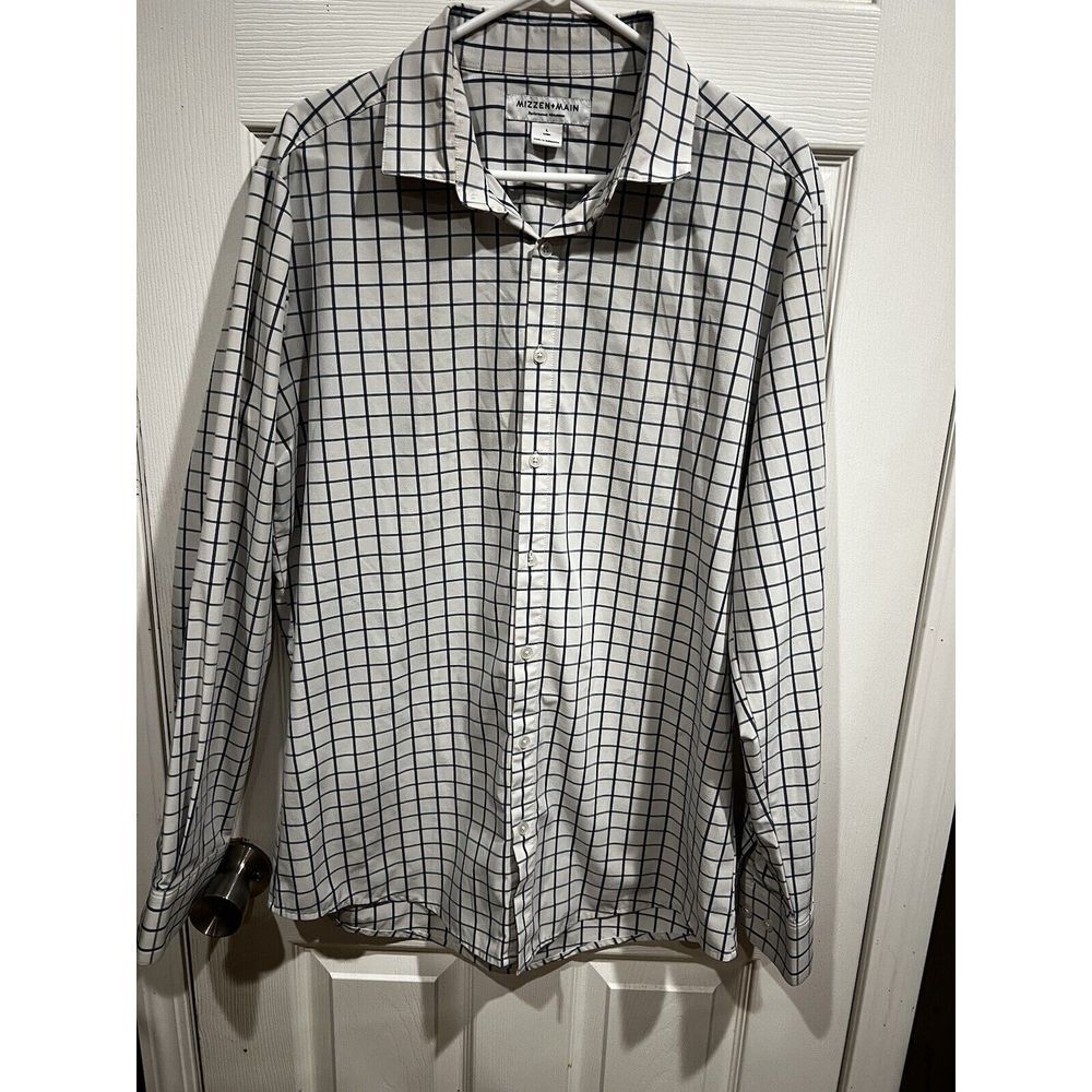 Mizzen Main Shirt Mens‎ Large Blue Trim Fit Button Up Performance Plaid Stretch